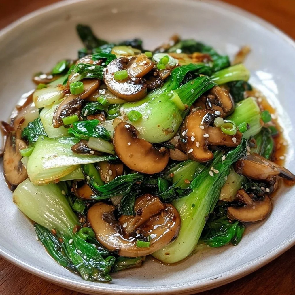 Bok Choy and Mushroom Stir Fry served in a bowl