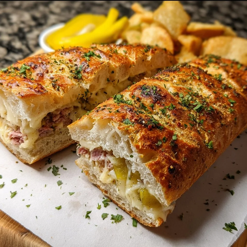 Delicious Cuban garlic bread sandwich with bold butter and garlic spread.
