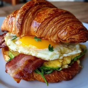 Delicious breakfast croissant sandwich filled with eggs and cheese