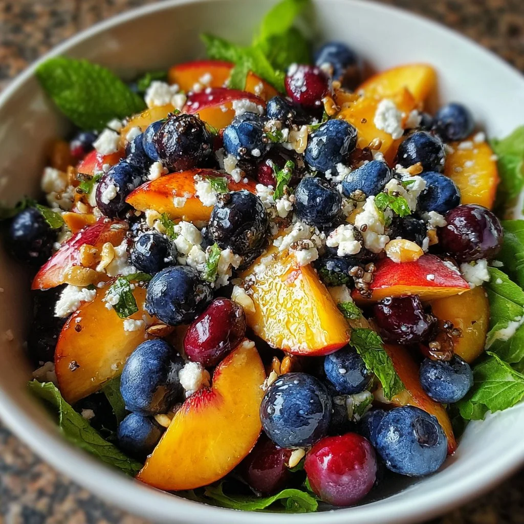 Bright and vibrant Blueberry Peach Feta Salad with fresh ingredients