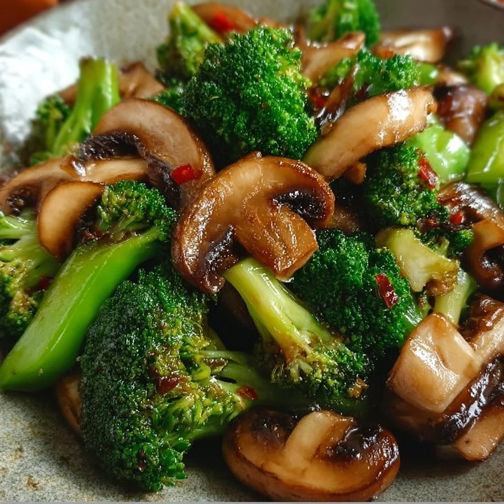 Delicious Broccoli Mushroom Stir Fry served in a colorful bowl.