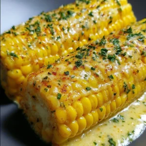 Buttery garlic corn on the cob served on a plate