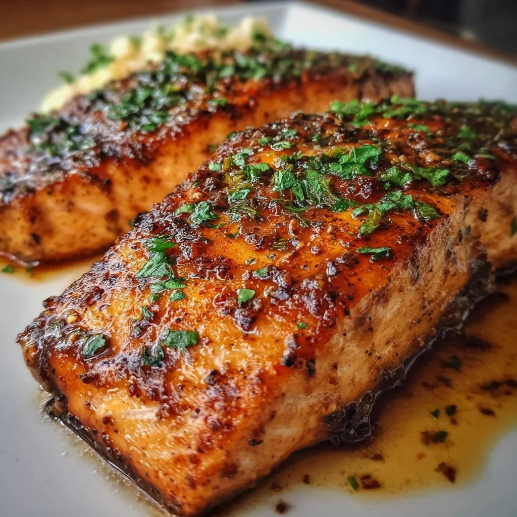 Cajun Honey Butter Grilled Salmon on a plate garnished with herbs