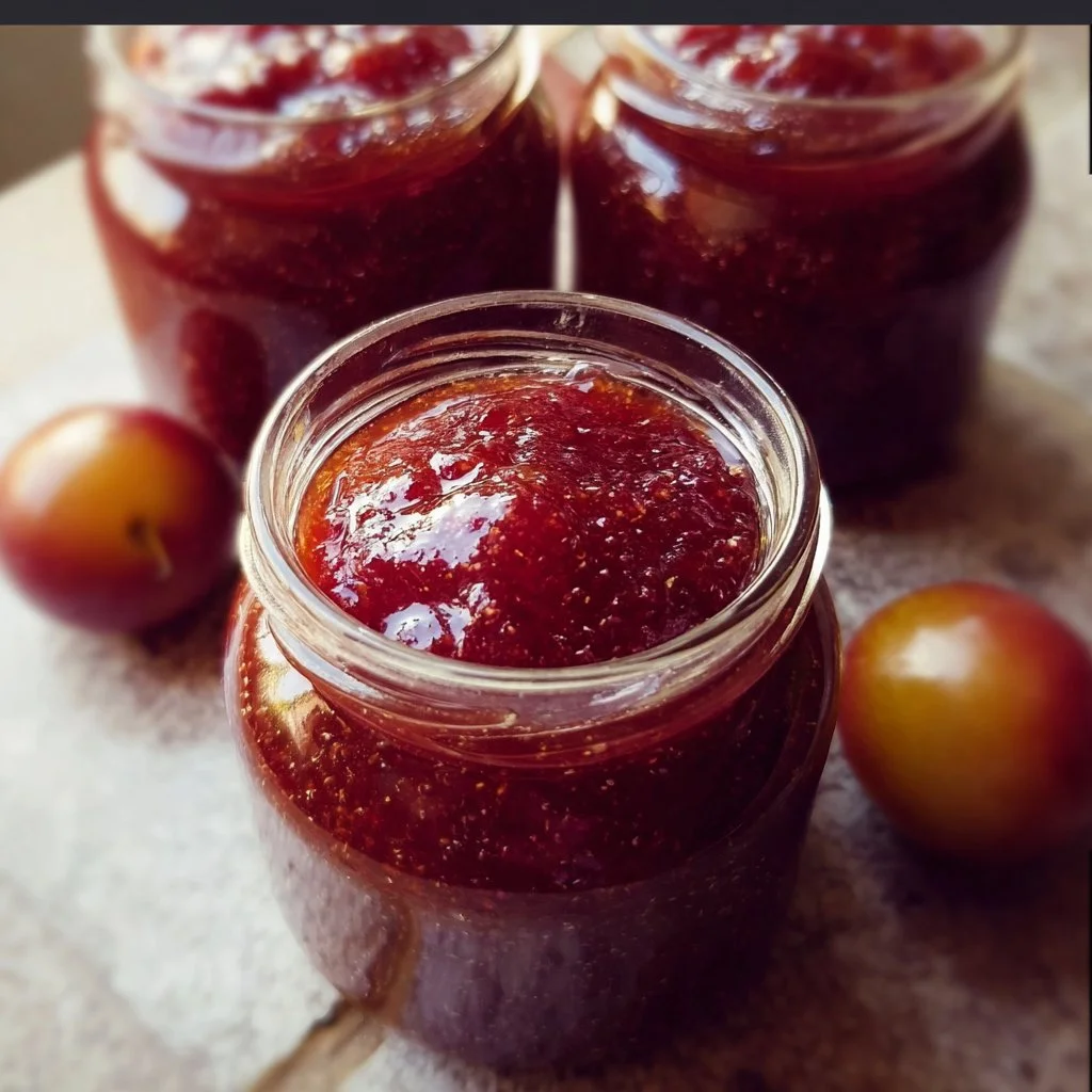 Homemade canned plum jam in a glass jar with fresh plums around it