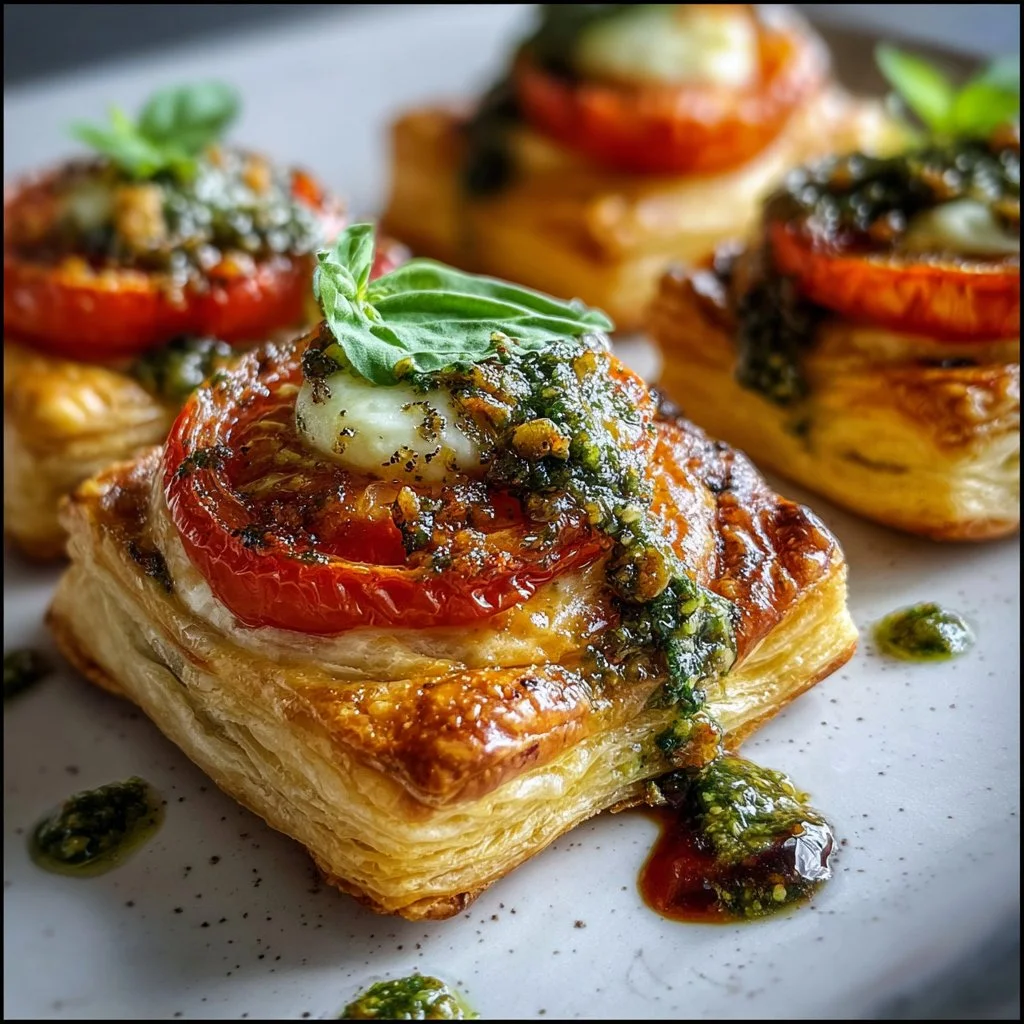 Caprese Puff Pastry bites with walnut pesto on a plate