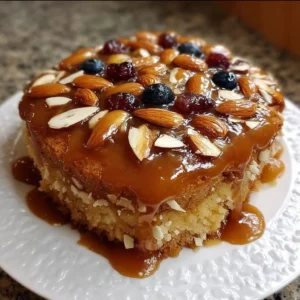 Slice of Caramel Apple Almond Cake with drizzled caramel and almonds