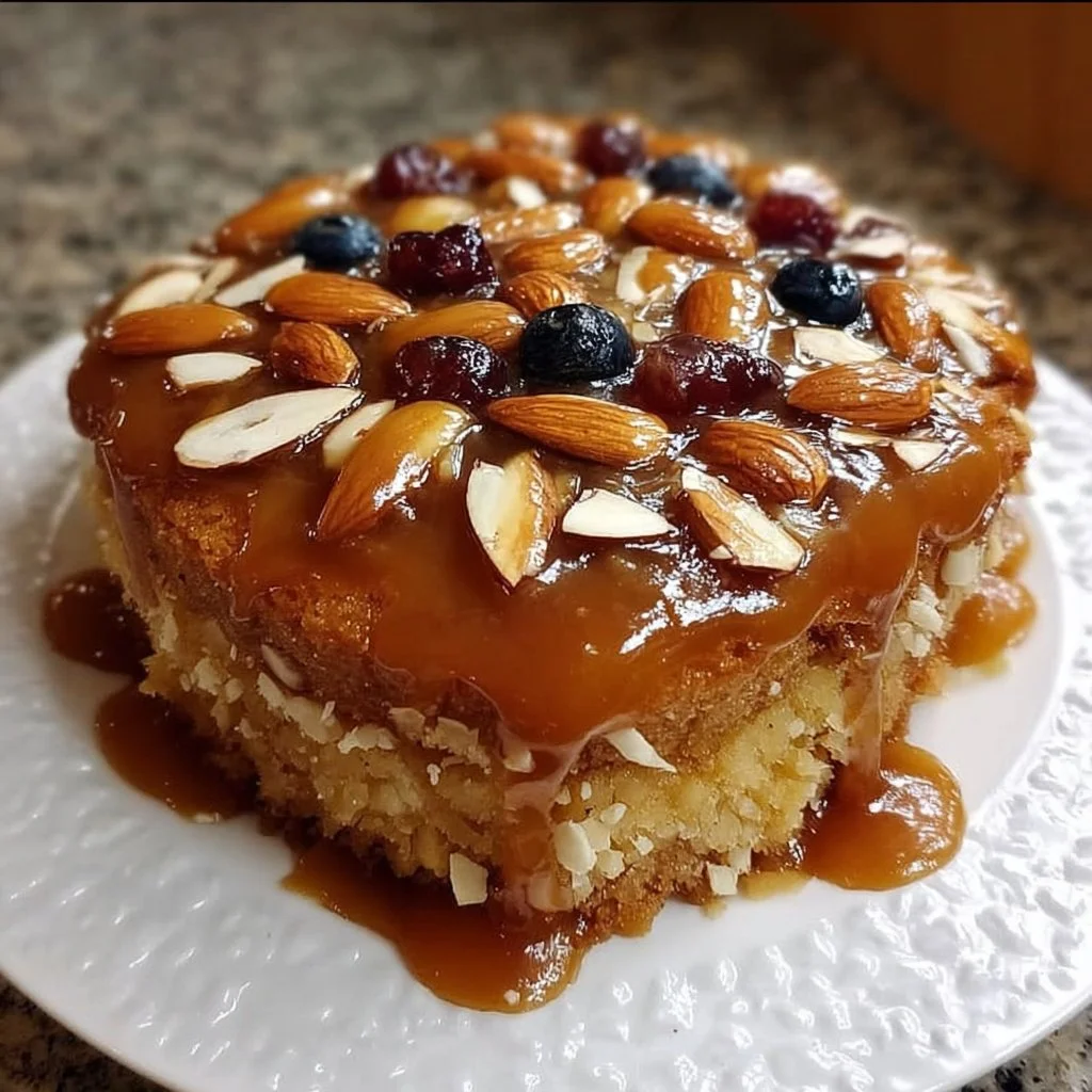 Slice of Caramel Apple Almond Cake with drizzled caramel and almonds