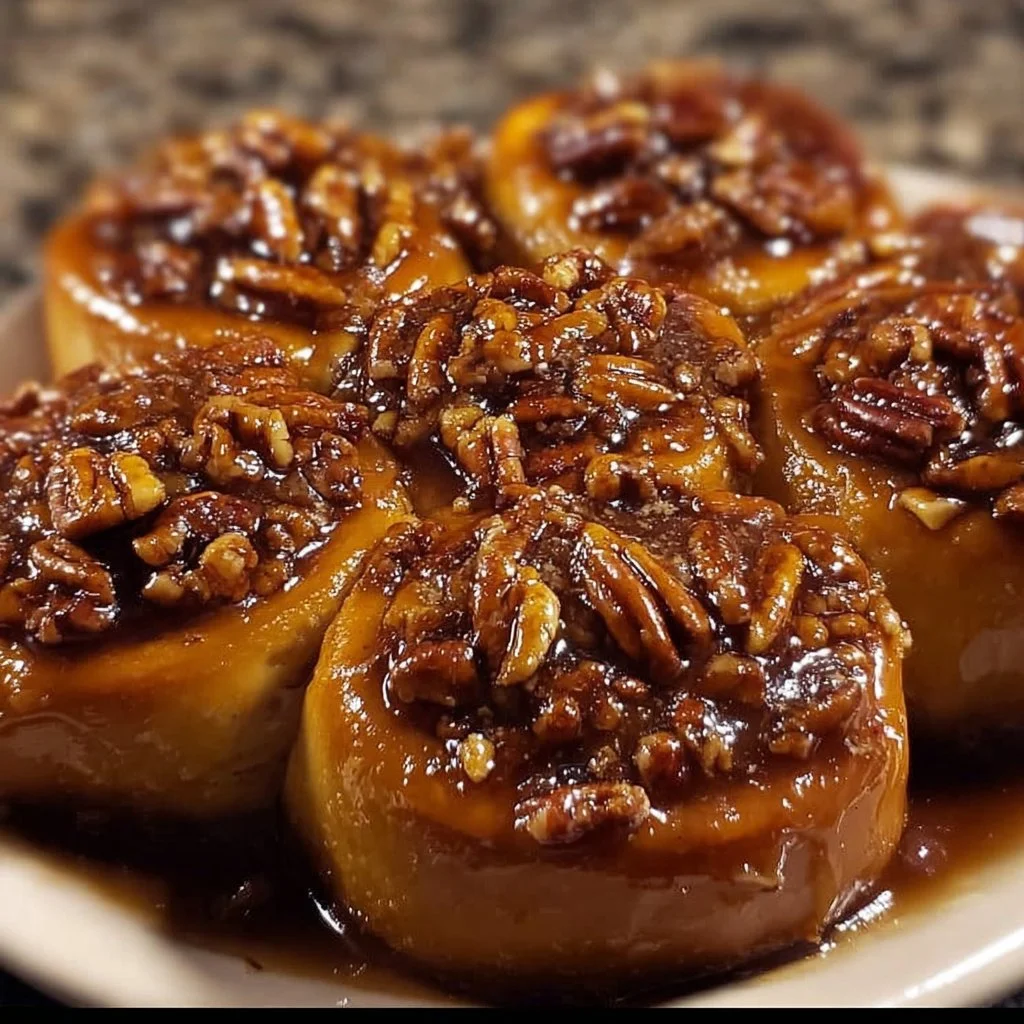 Freshly baked caramel pecan sticky buns on a wooden table