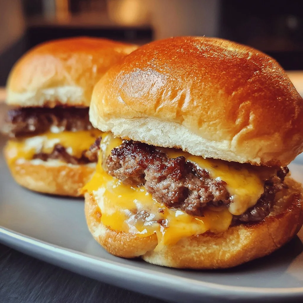 Cheddar cheeseburger sliders stacked on a plate, garnished with pickles and onions