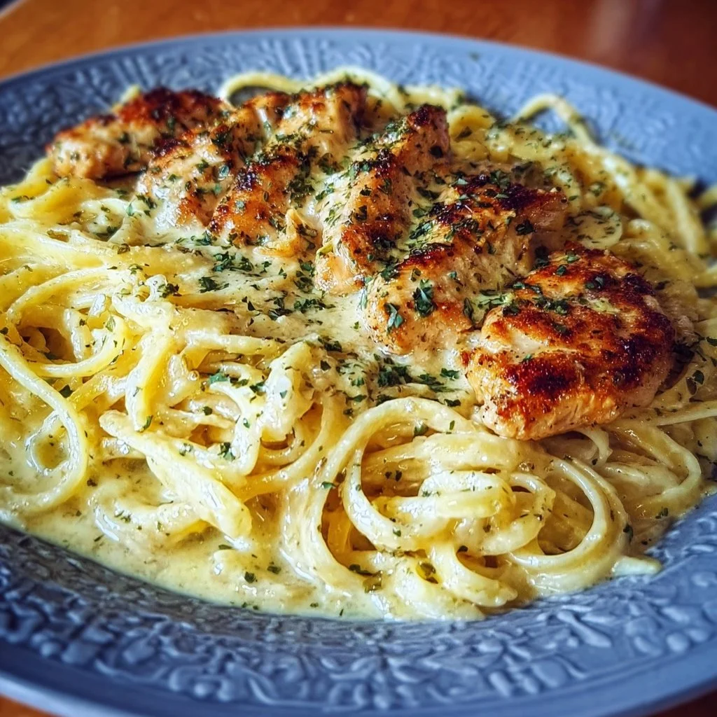 Cheesy Alfredo linguine with garlic butter chicken in creamy sauce dish