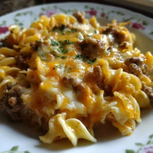 Cheesy beef noodle casserole topped with melted cheese