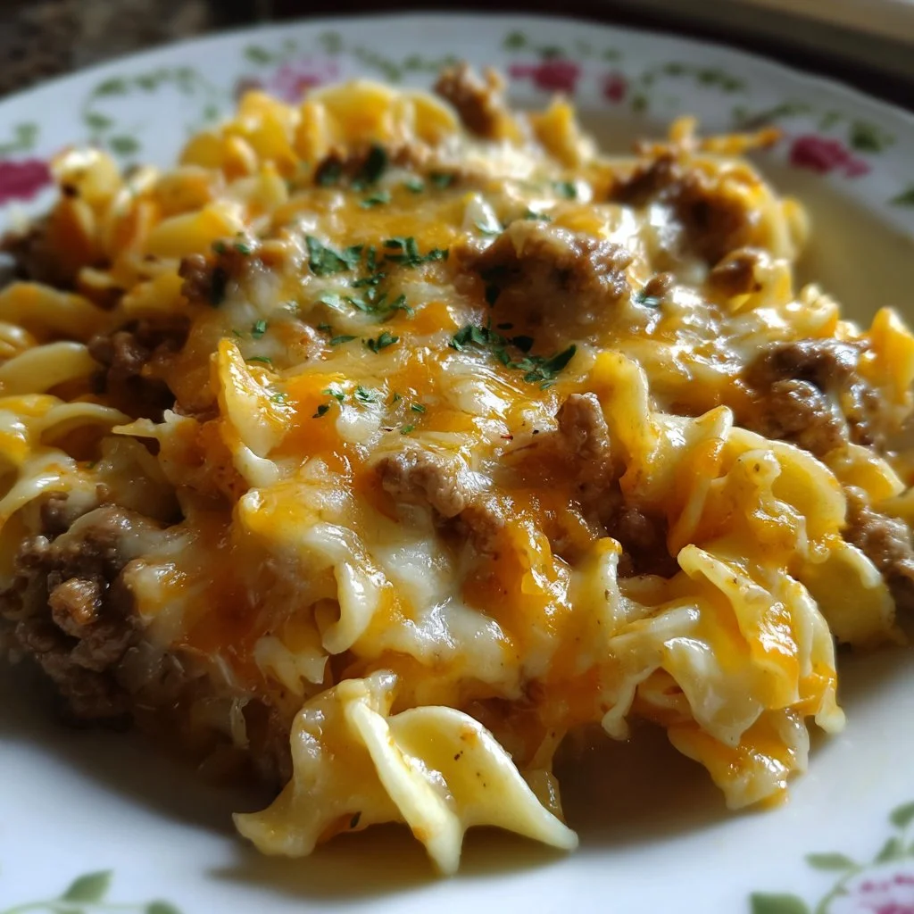 Cheesy beef noodle casserole topped with melted cheese