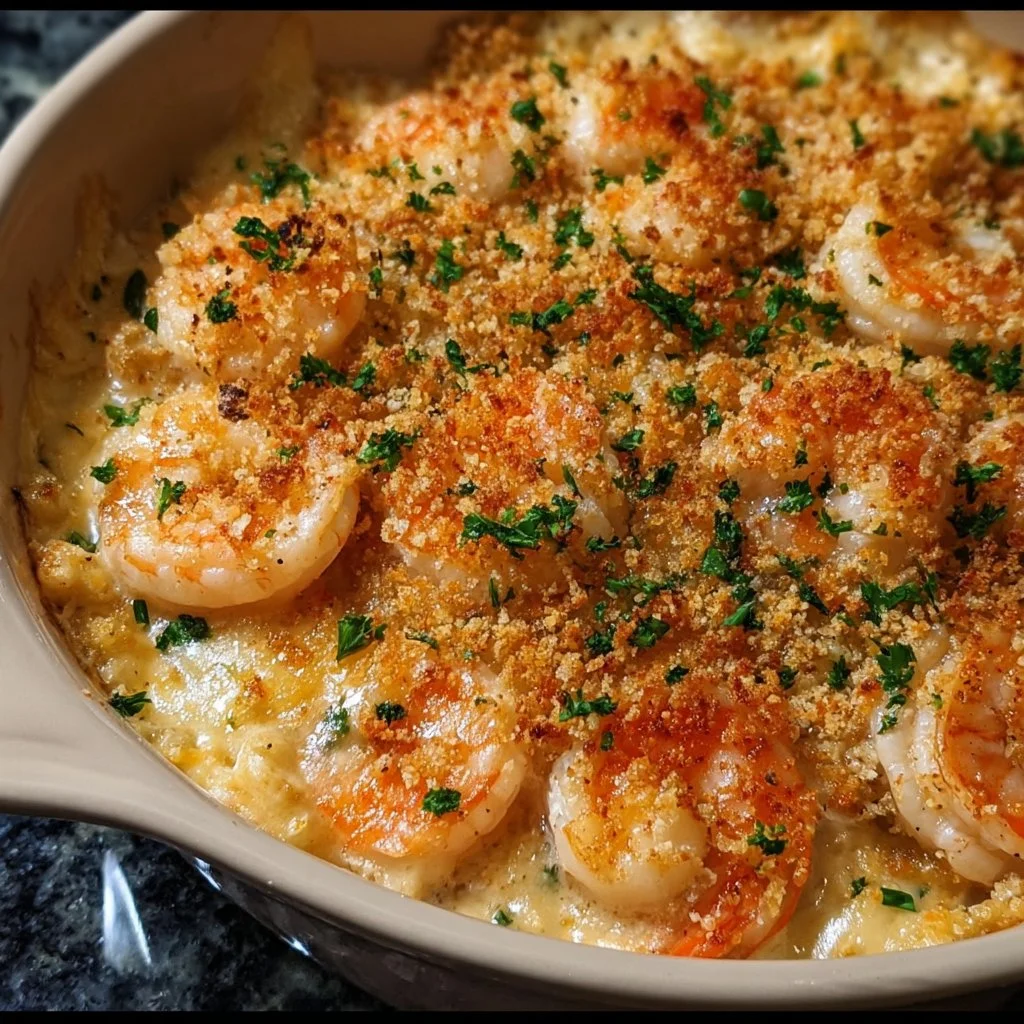 Cheesy Old Bay Shrimp Casserole served in a dish, ready to enjoy.