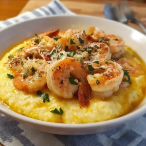 Plate of cheesy shrimp and grits topped with herbs and spices