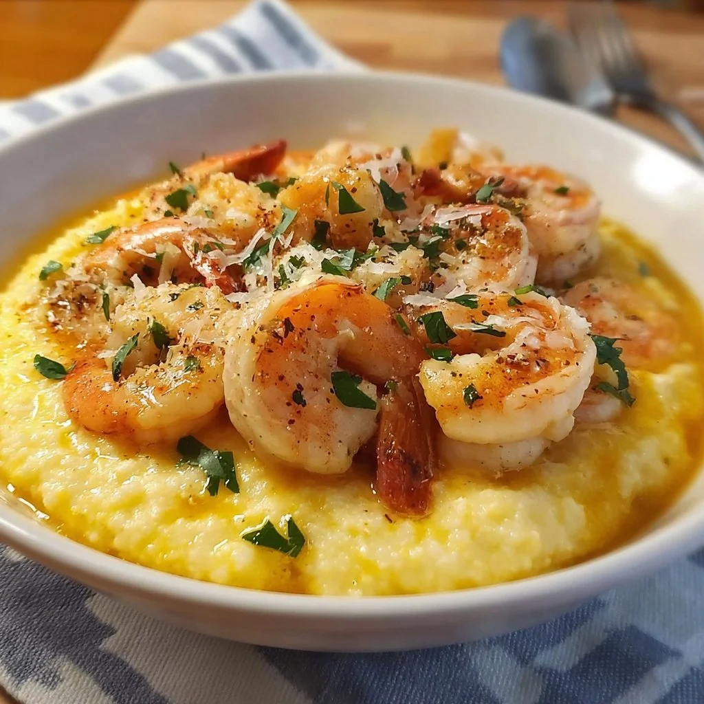 Plate of cheesy shrimp and grits topped with herbs and spices