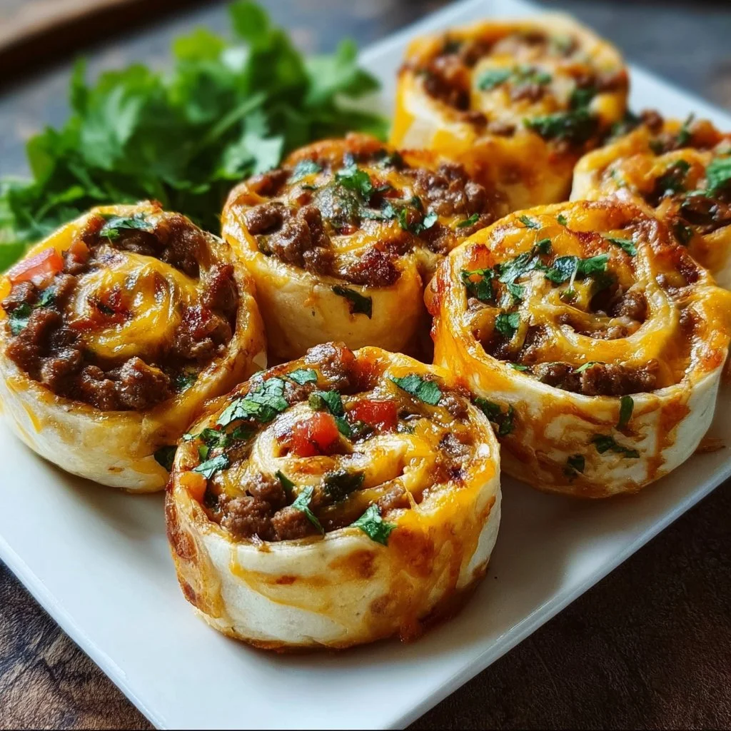 Cheesy taco pinwheels served on a platter, perfect for parties and snacks.