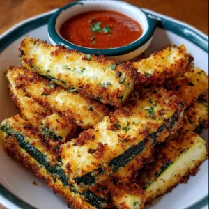 Baked Zucchini Parmesan Fries topped with melted cheese and herbs