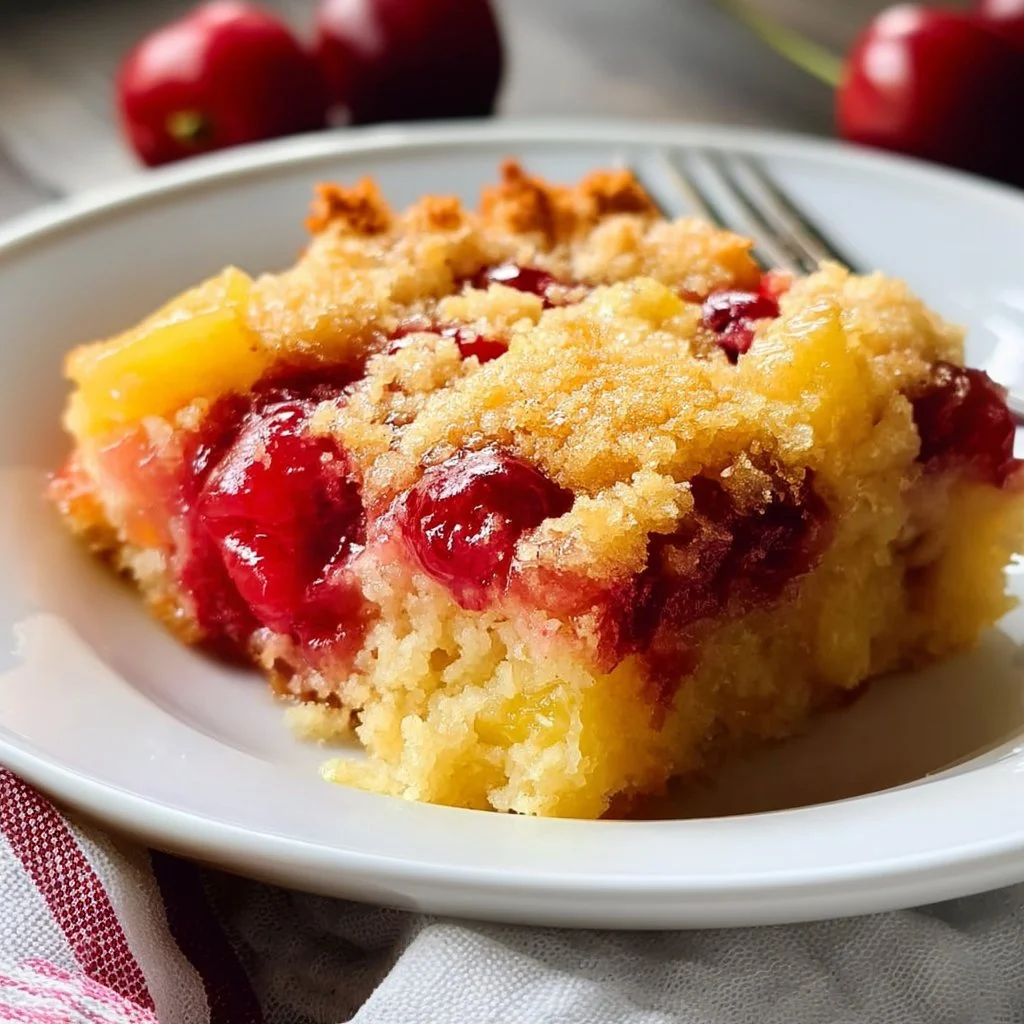 Delicious Cherry Pineapple Dump Cake served in a baking dish