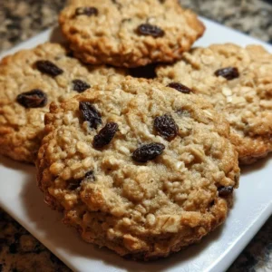 Chewy oatmeal raisin cookies with oats and raisins on a plate