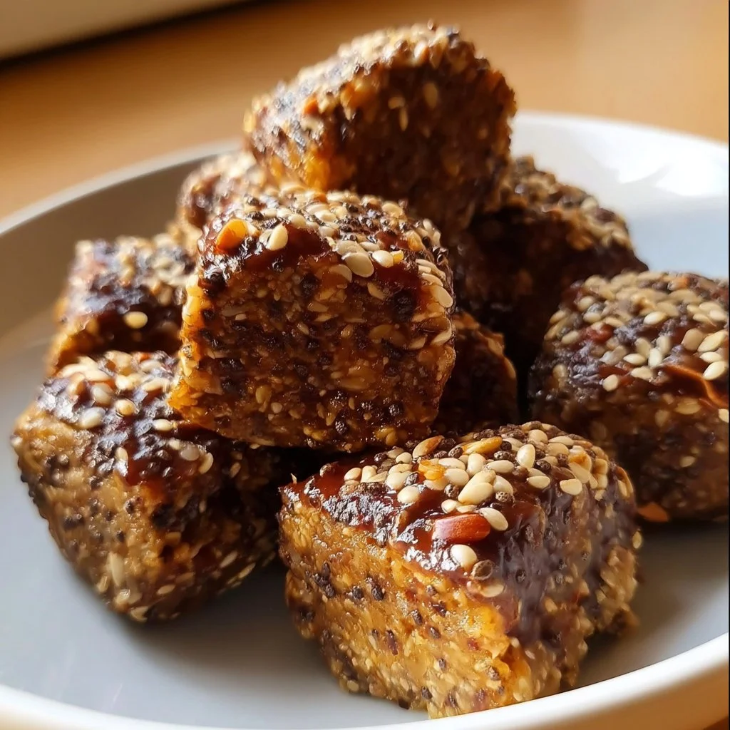 Chia Banana Bread Energy Bites with chia seeds and bananas on a wooden table.
