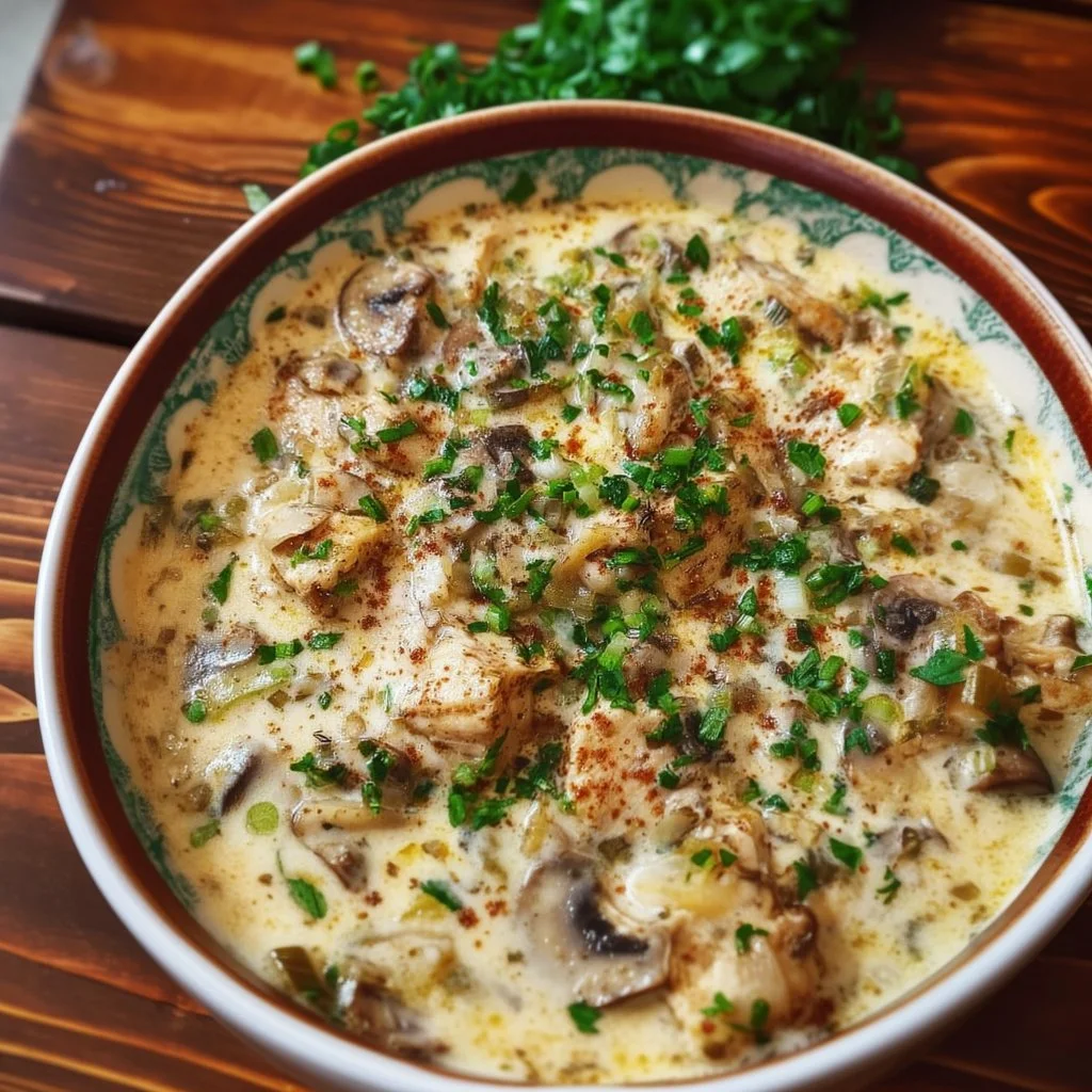 Bowl of chicken and cream of mushroom soup garnished with herbs.