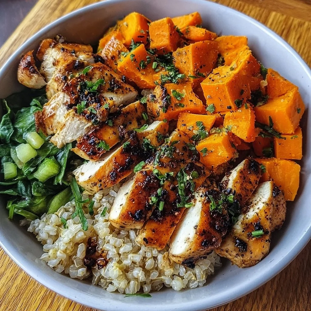 Delicious chicken and sweet potato rice bowl garnished with fresh herbs