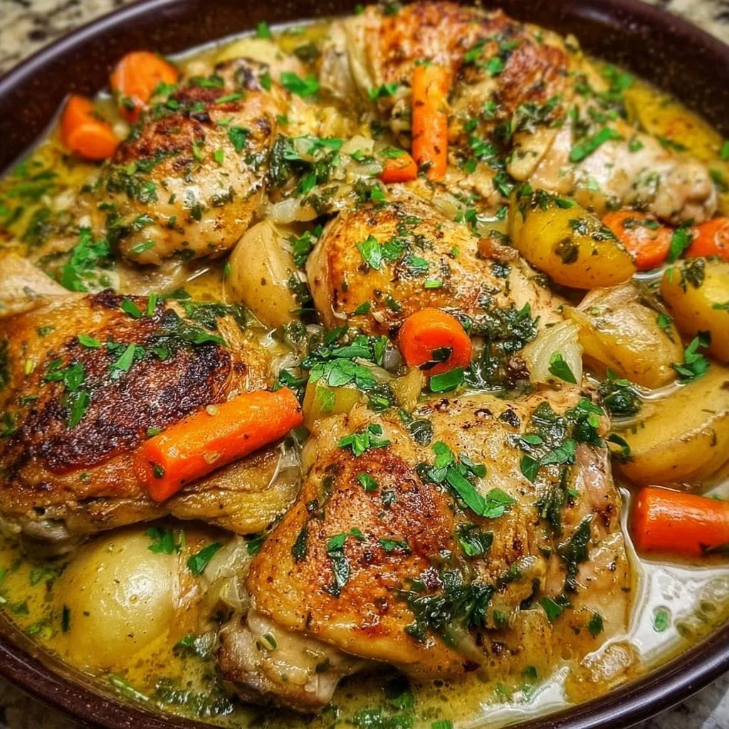 Delicious one-pan Chicken Fricassee dish on a wooden table