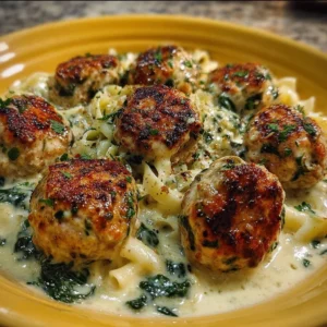 Chicken Ricotta Meatballs served with creamy Spinach Alfredo sauce