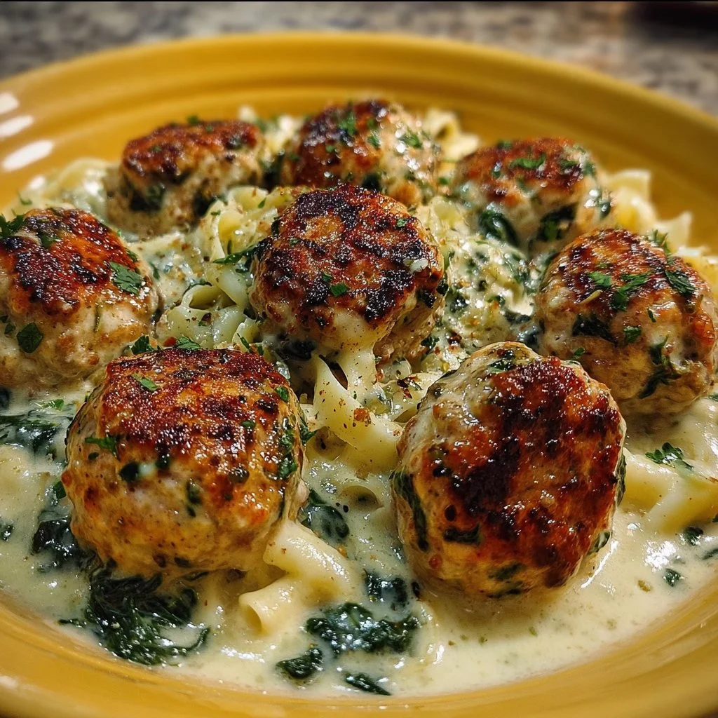 Chicken Ricotta Meatballs served with creamy Spinach Alfredo sauce