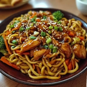Delicious chicken teriyaki noodles topped with vibrant vegetables and savory sauce.