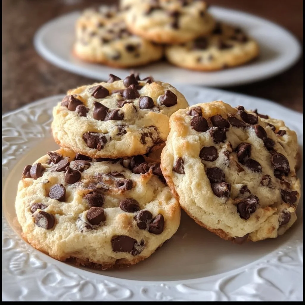 Chocolate chip cheesecake cookies on a plate, showcasing their delicious texture.