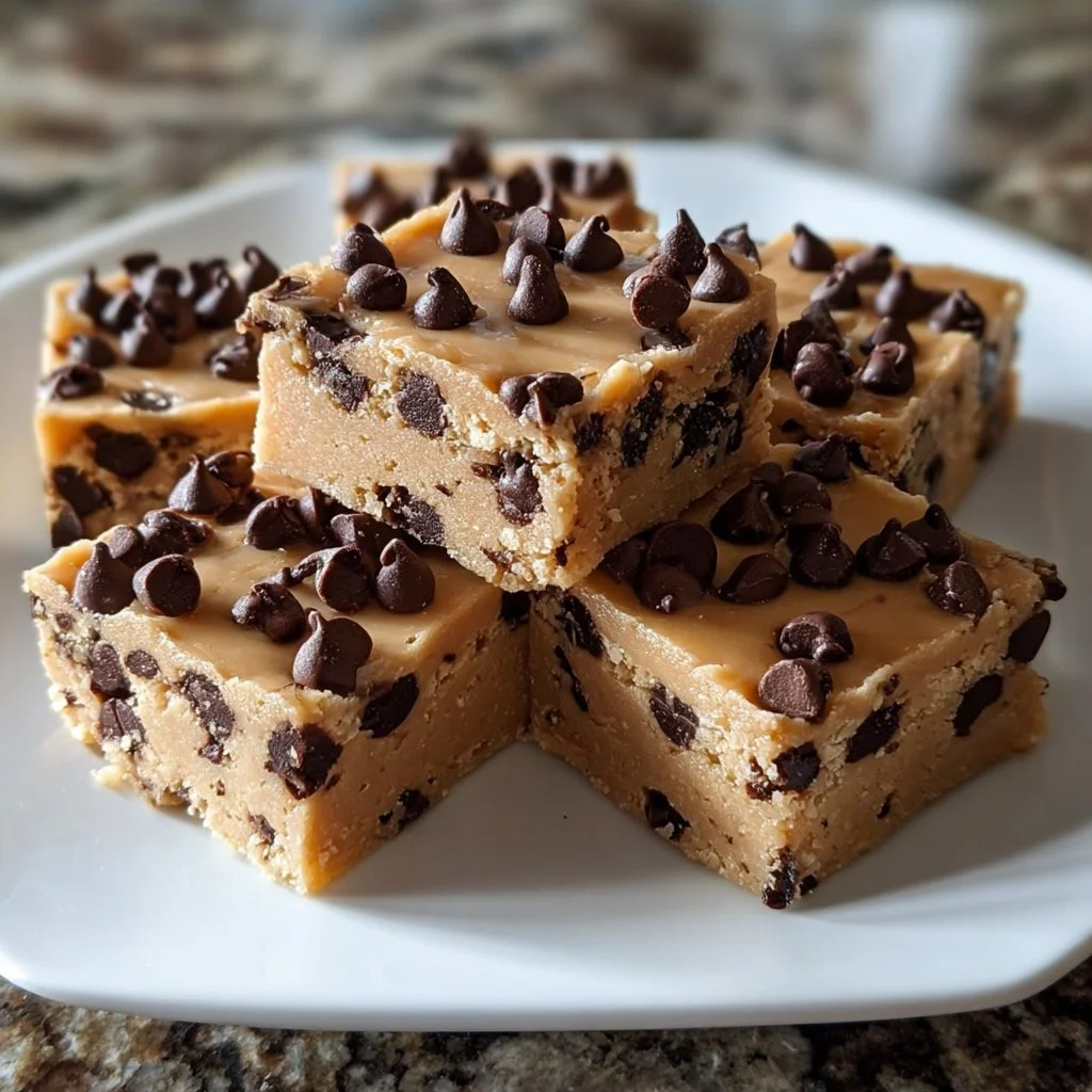Delicious chocolate chip no bake cookie dough bars stacked on a plate