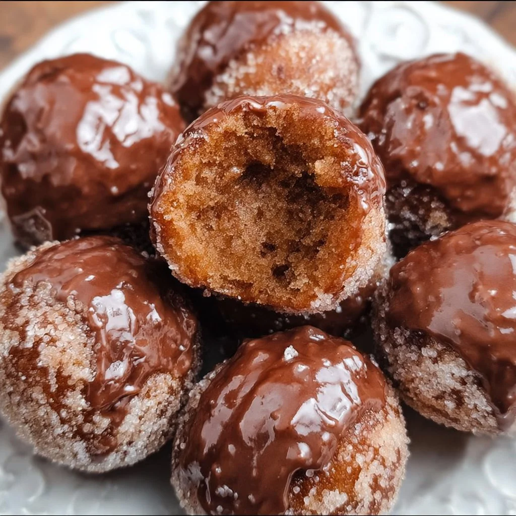 Delicious chocolate donut holes on a plate, perfect for dessert lovers.