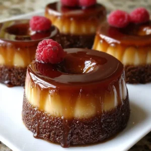 Chocolate Flan Bundts topped with caramel sauce, served on a white plate