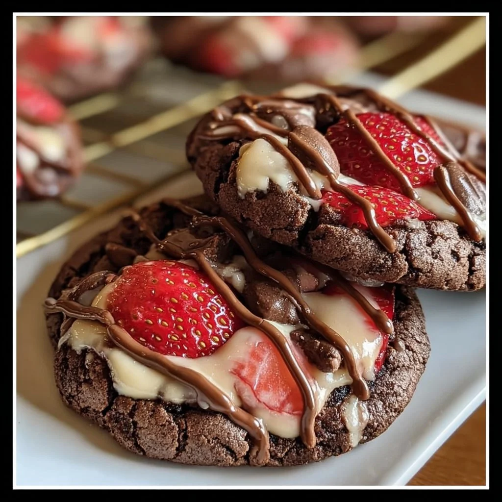 Chocolate Strawberry Cheesecake Cookies with chocolate drizzle and fresh strawberries