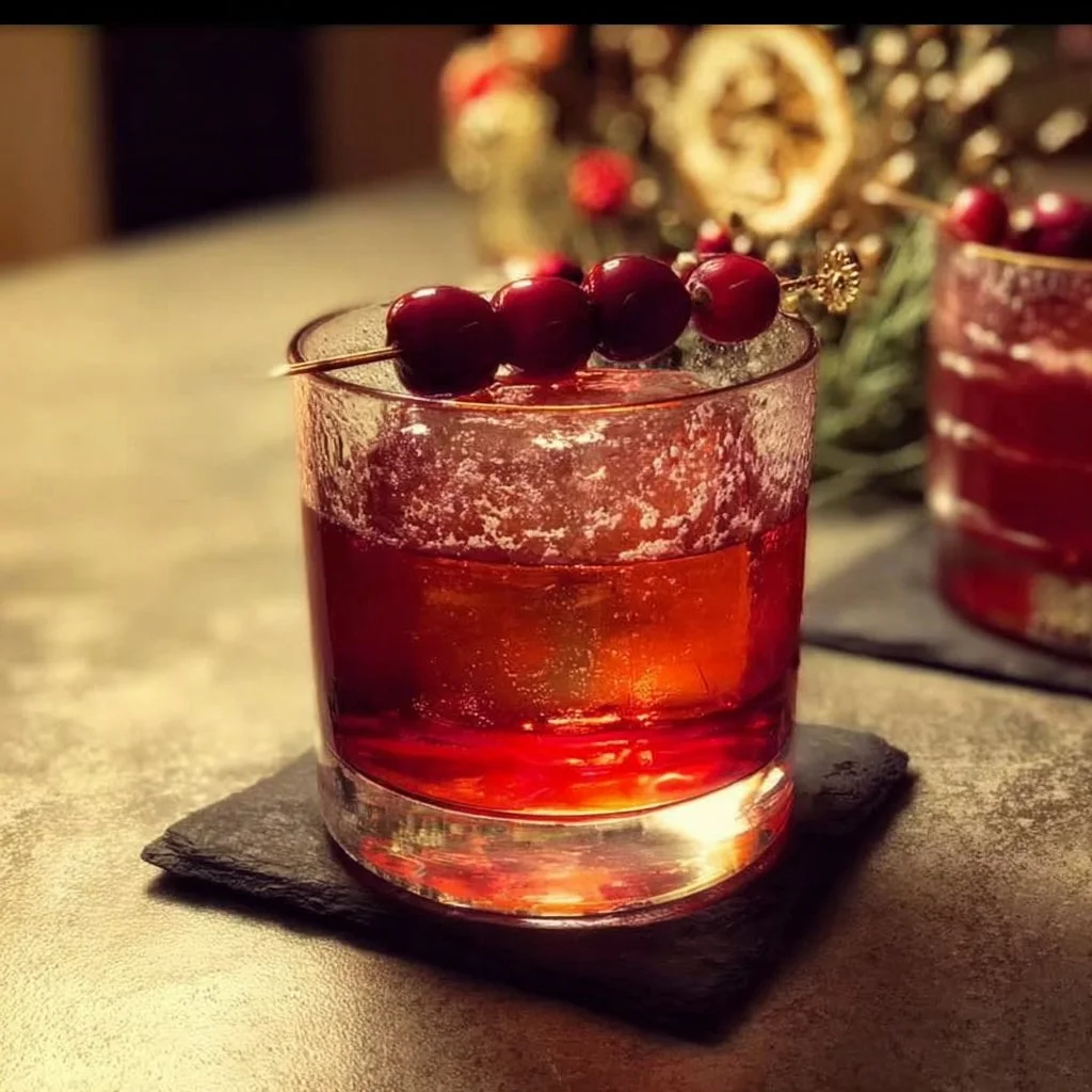 A beautifully garnished Christmas Old Fashioned cocktail.