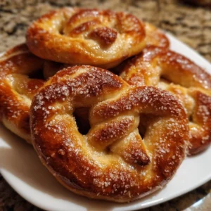 Homemade cinnamon sugar soft pretzels on a plate