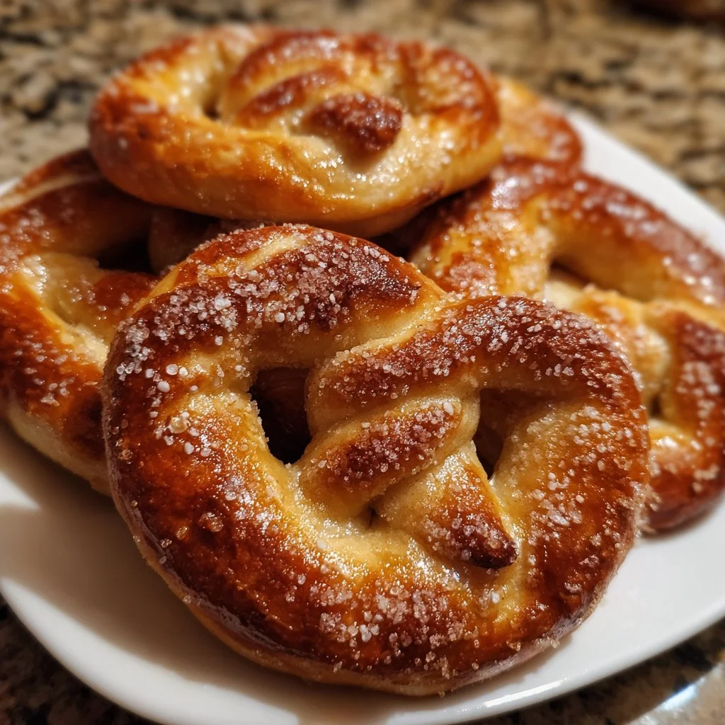 Homemade cinnamon sugar soft pretzels on a plate