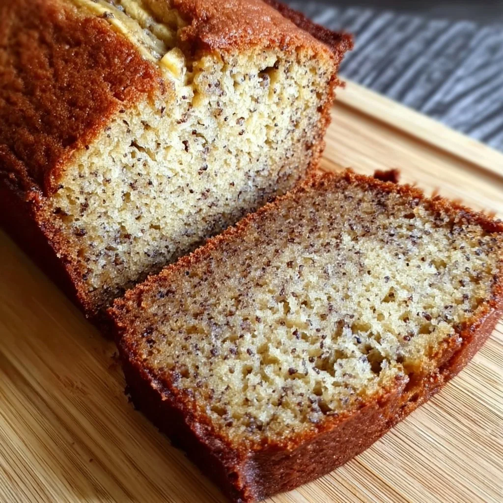 Freshly baked classic banana bread on a wooden cutting board