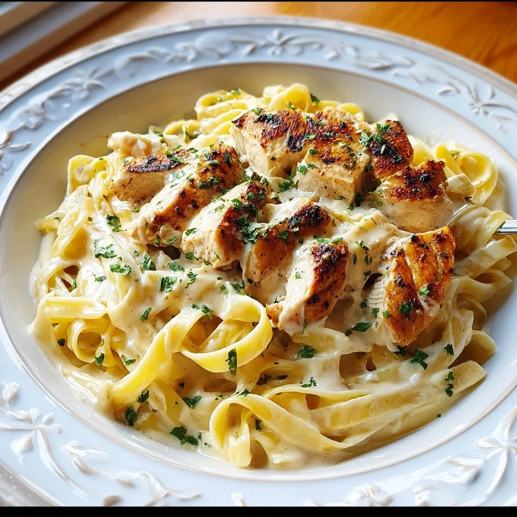 Classic Chicken Fettuccine Alfredo served with herbs and cheese
