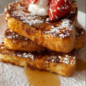Delicious classic French toast topped with syrup and berries