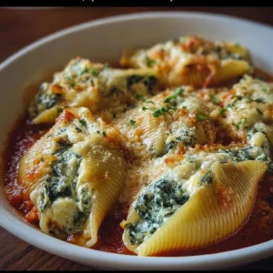 Delicious plate of classic spinach and ricotta stuffed pasta shells with marinara sauce