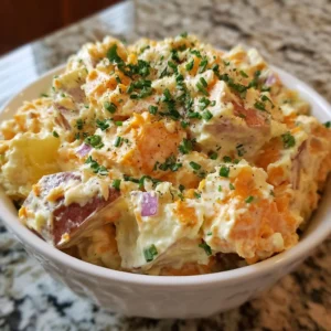 Bowl of classic sweet Amish potato salad with herbs and spices