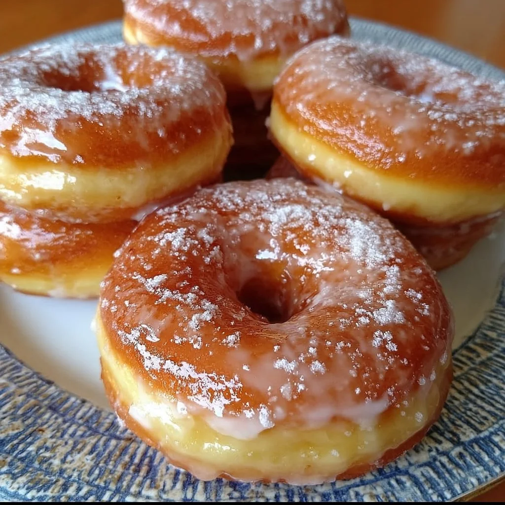 Delicious cloud-like vanilla donuts dusted with powdered sugar