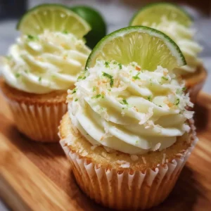 Fluffy coconut cupcakes topped with lime buttercream frosting on a white plate