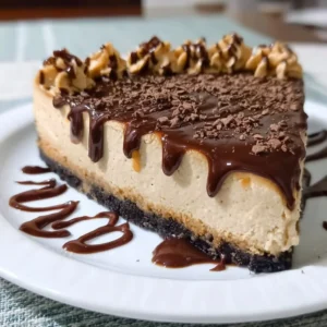 Delicious slice of coffee cheesecake topped with coffee beans and chocolate drizzle