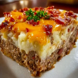 Delicious Cowboy Meatloaf and Potato Casserole served on a plate