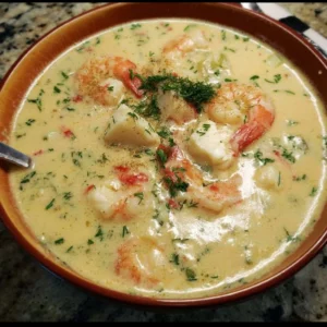 Delicious crab and shrimp seafood bisque in a bowl garnished with herbs