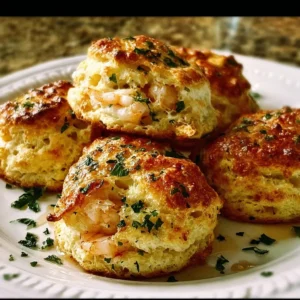 Crab stuffed cheddar bay biscuits topped with lemon butter on a plate