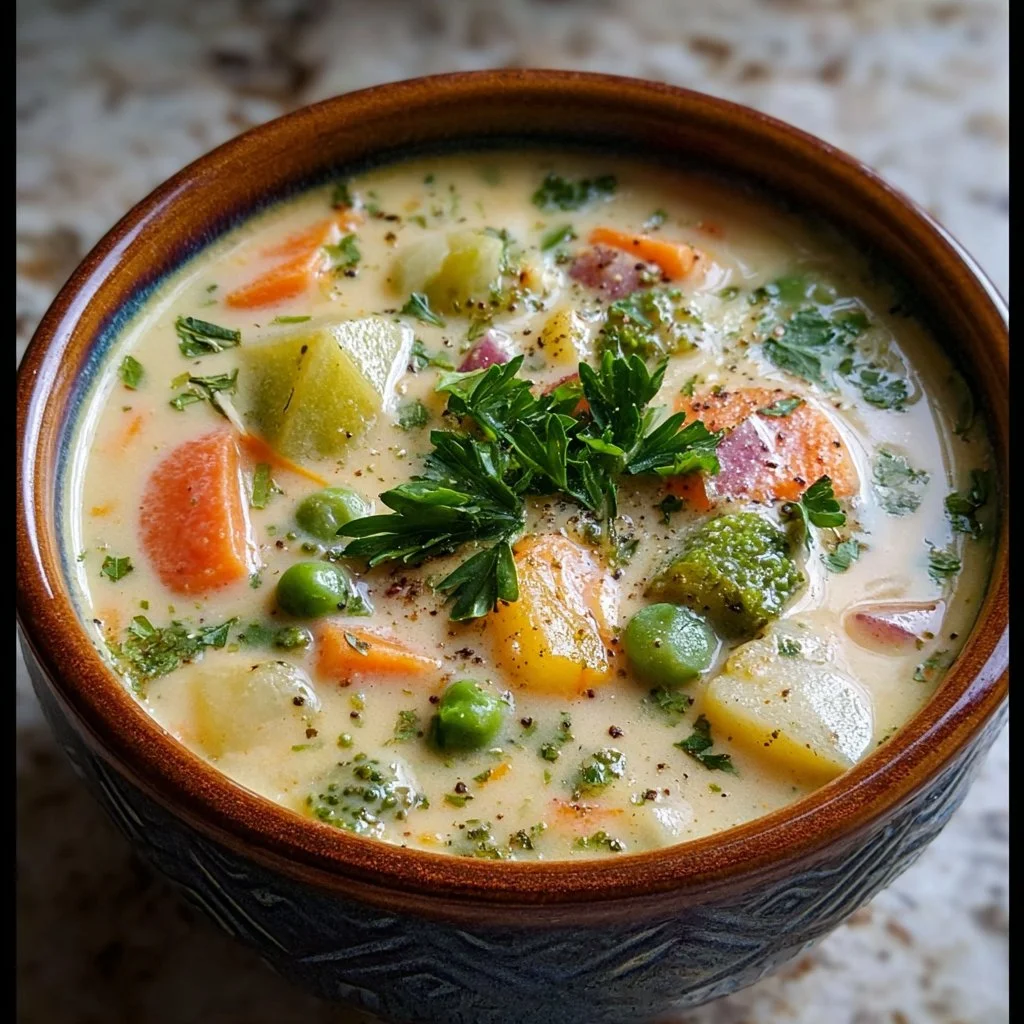 Bowl of creamy spring vegetable soup with fresh ingredients on a wooden table.